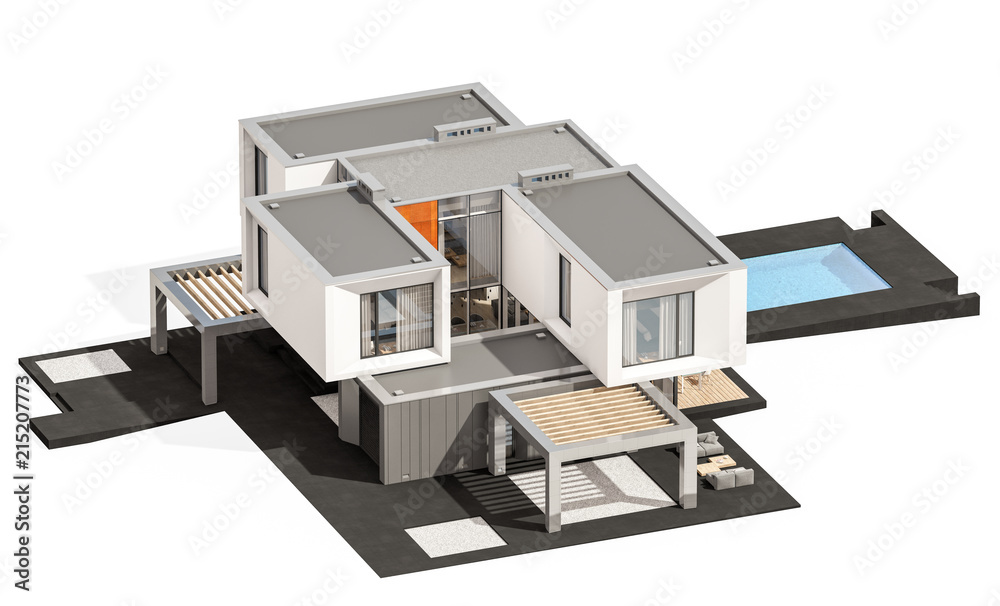 3d rendering of modern cozy house by the river with garage for sale or rent. Isolated on white. 3d rendering of modern cozy house by the river with garage for sale or rent. Isolated on white.
