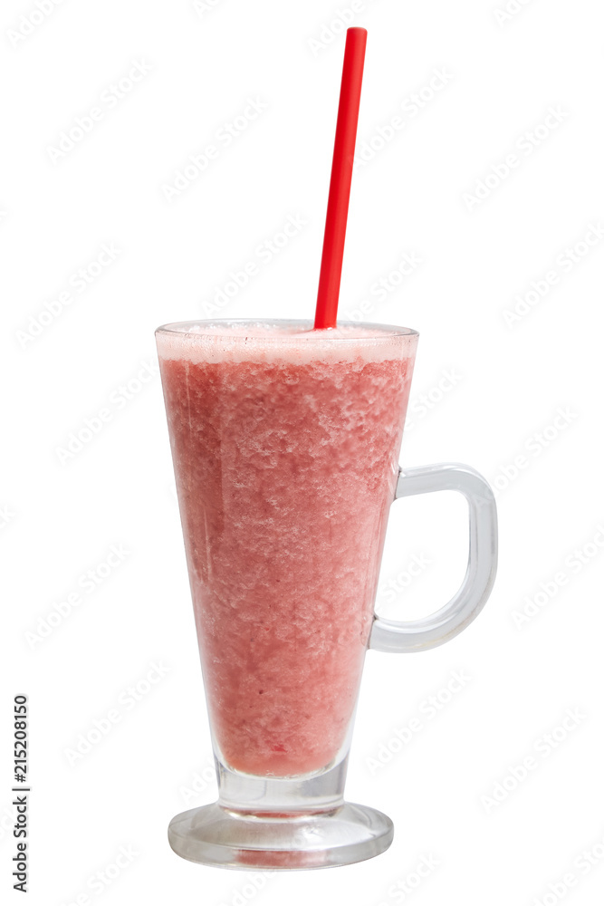 Pink strawberry smoothie in a mason jar glass with straw isolated on white Pink strawberry smoothie in a mason jar glass with straw isolated on white