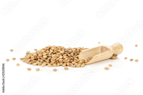 Lot of whole raw green lentil seeds and wooden scoop isolated on white photo