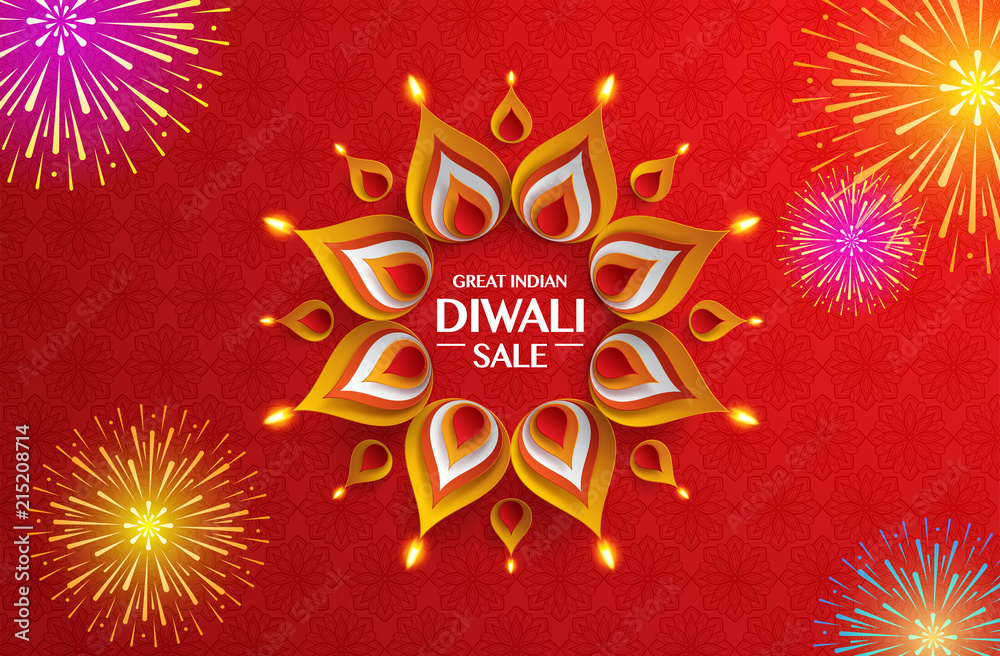 Obraz premium Great Indian Diwali festival big sale. Background with the paper graphic of Indian Rangoli and fireworks.