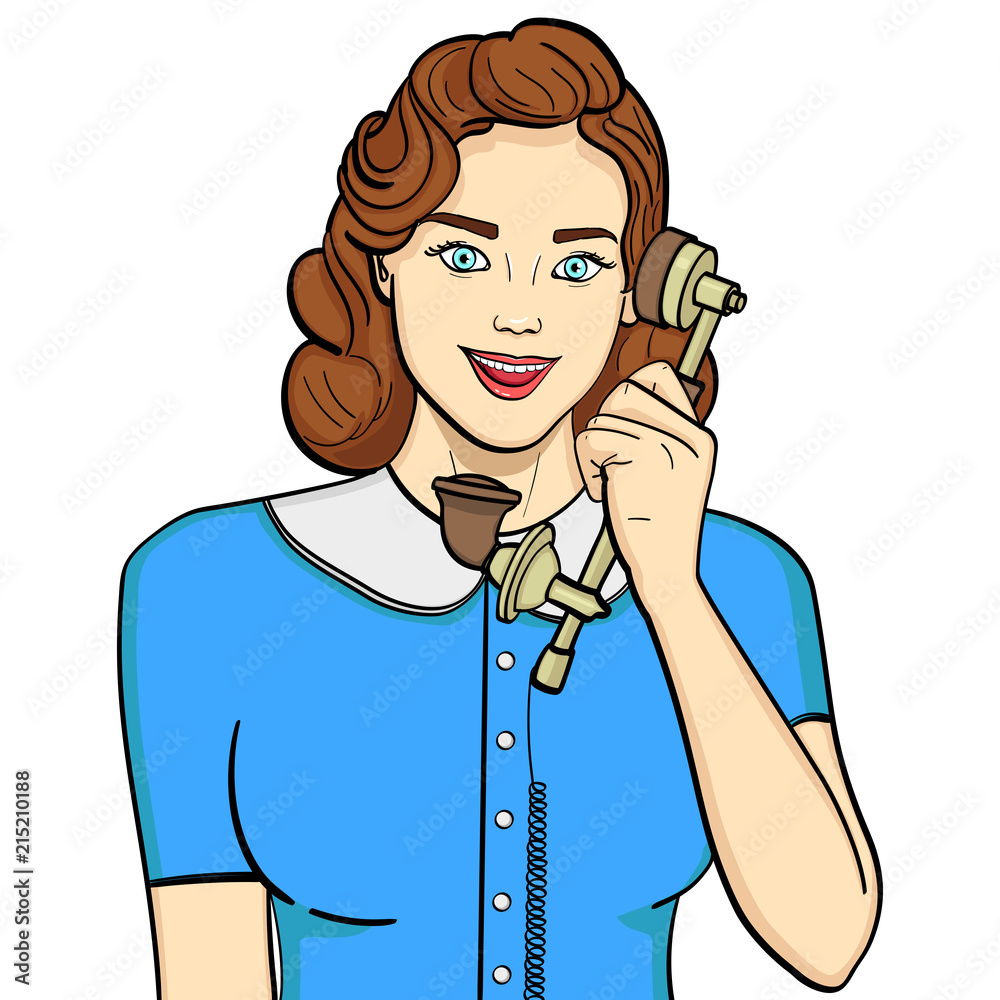 Isolated object on white background. Retro girl, brunette talking on old phone. Comic style, vector Isolated object on white background. Retro girl, brunette talking on old phone. Comic style, vector