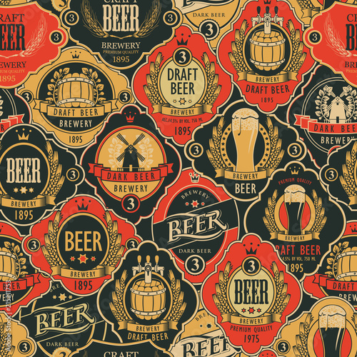 Vector seamless pattern on the theme of beer with various beer labels with images of barrels, beer glasses, mills, laurel wreathes, ears of wheat and other in retro style
