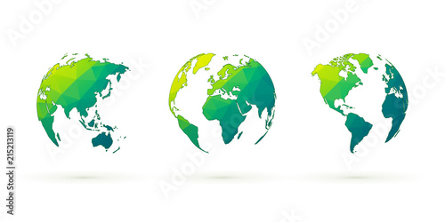 abstract green globes vector set world planet earth with geometric pattern