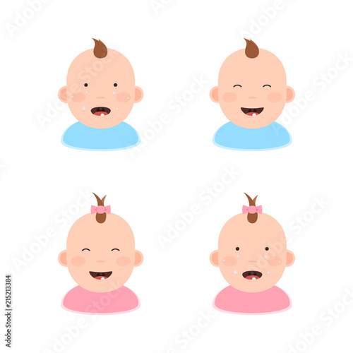 Newborn girl and the boy, smiles and cries. Children with the first teeth. Vector illustration icon in flat style isolated on white background
