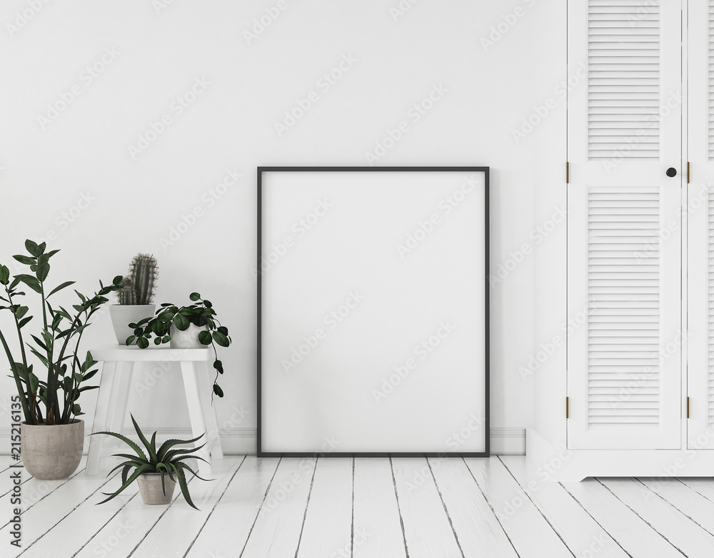 Fototapeta Makieta plakatowa rama z roślinami i szafką stoi blisko ściany, skandynawski styl, 3d render