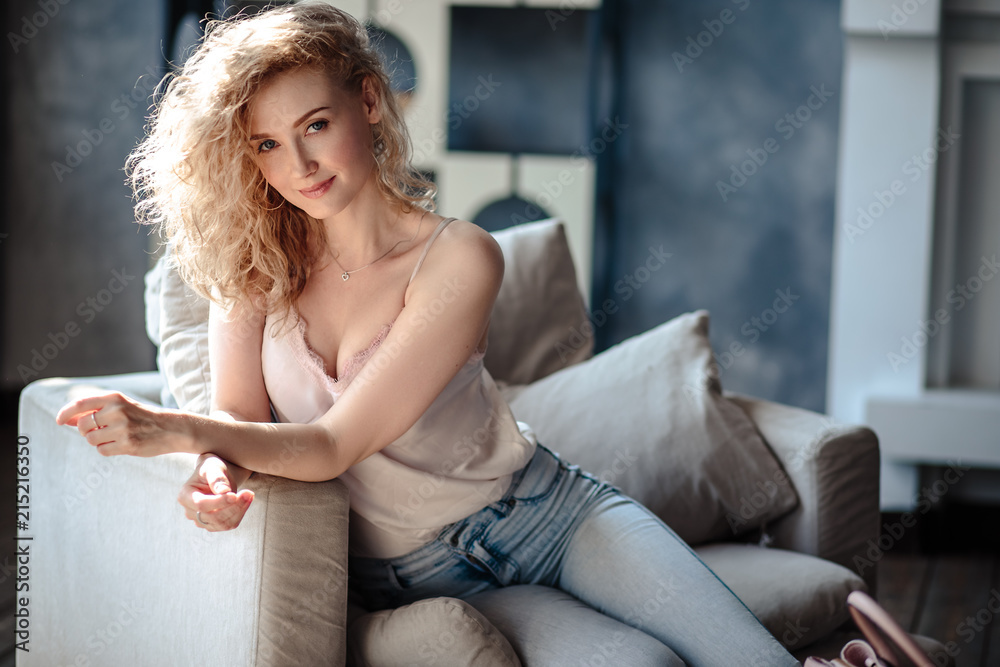 Close-up portrait of sweet blonde woman in a casual jeans clothes, fashion beauty photo