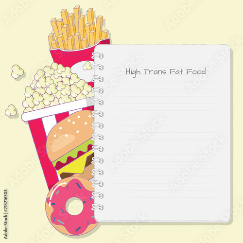 High trans fat food with note pad cartoon vector.