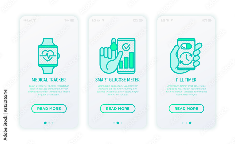 Online medicine, telemedicine thin line icons set: medical tracker ...