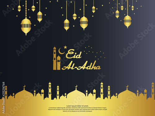 Eid al Adha Mubarak islamic greeting card design with dome mosque and hanging lantern element in paper cut style. background Vector illustration. photo