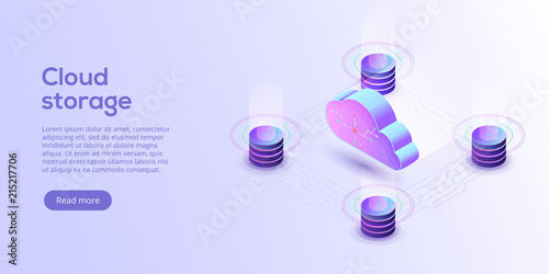 Cloud storage download isometric vector illustration. Digital service or app with data transfering. Online computing technology. 3d servers and datacenter connection network.