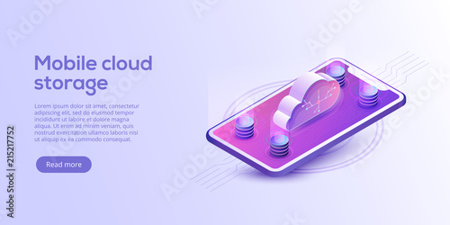 Cloud storage with cellphone isometric vector illustration. Mobile gadget service or app with data transfering. Online computing technology. 3d server and smartphone connection network.