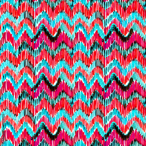Watercolor turquoise and pink ikat vibrant seamless pattern. Trendy tribal pattern in watercolour style. Peacock feather for fabric, textile, ceramic