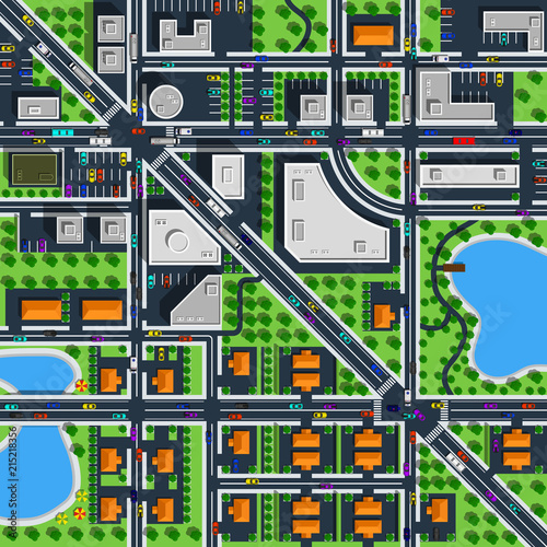 Top view city map includes downtown, suburb and lakes.