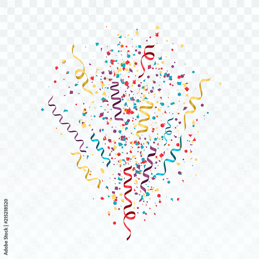 Burst of Colorful confetti and streamers. Festive template with confetti and ribbons. Vector illustration isolated on white background Burst of Colorful confetti and streamers. Festive template with confetti and ribbons. Vector illustration isolated on white background