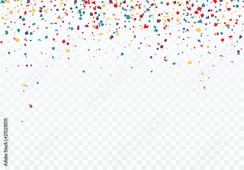 Colorful falling confetti. Top of the pattern is decorated with confetti. Vector illustration isolated on transparent background