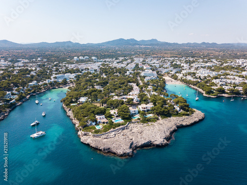 Aerial: Cala D'Or resort town in Mallorca, Spain