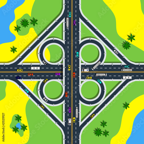 View from above of road junction surrounded by plants and ponds. Cloverleaf interchange with roads and loop ramps vector illustration.
