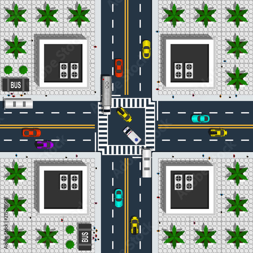 View from above cityscape includes such elements as road, paving stones, crossroad, crosswalks, sidewalks, palms and public transport vector illustration.
