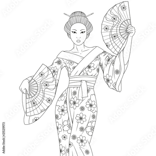 Beautiful geisha with fans
