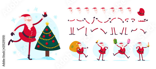 Vector Santa Claus character creator - different poses, gestures, emotions, holiday elements - snowflakes, fir tree, gift box & bag for Christmas designs, animation, web, banners isolated on white bg