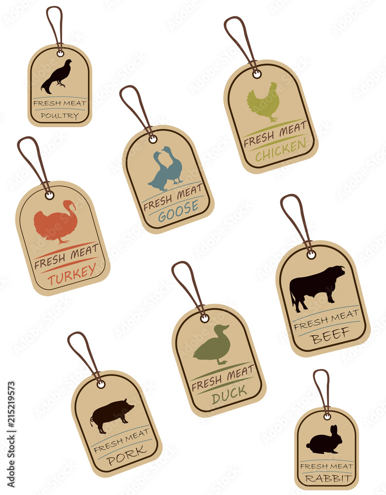 String tags, meat labels. Label with illustration of chicken, duck, pork, rabbit, turkey, beef