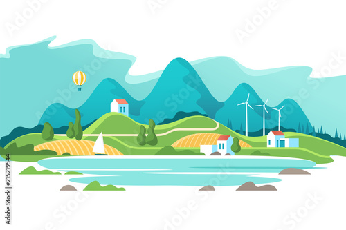 Summer landscape with houses on a background lake and of forest mountains. Vector illustration.