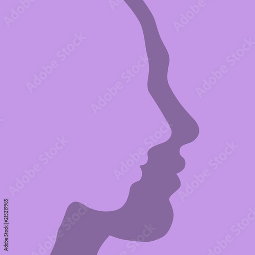 Silhouette of male and female face sideview on violet background
