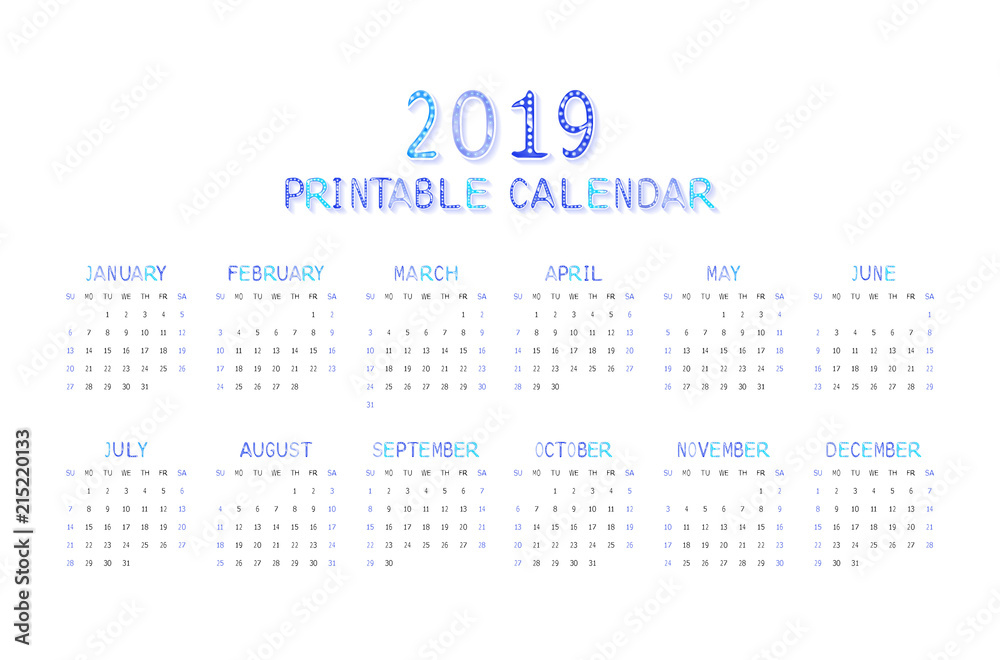 Naklejka Children's funny calendar for 2019 in blue.