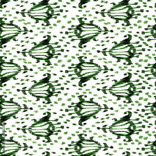 Ikat seamless bohemian ethnic green and white pattern in watercolour style. Watercolor ikat oriental ornaments for fabric, textile, wrapping