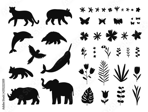 Endangered species, animals and flowers set