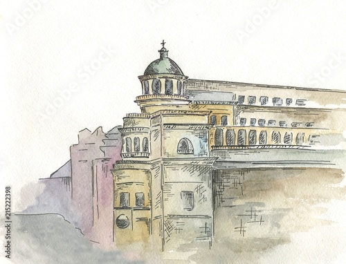 Photography beautiful house, watercolor painting, moscow