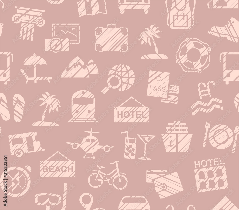 Travel, vacation, Hiking, leisure, seamless pattern, pencil shading, pink, color, vector. Different types of holidays and ways of travelling. 