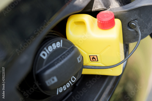 Modern car details closed fuel cap with Diesel text marking and small yellow canister