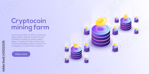 Cryptocoin mining farm layout. Cryptocurrency and blockchain network business isometric vector illustration. Crypto currency exchange or transaction process background.