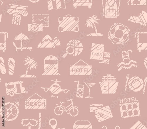 Travel, vacation, Hiking, leisure, seamless pattern, pencil shading, pink, color, vector. Different types of holidays and ways of travelling. 