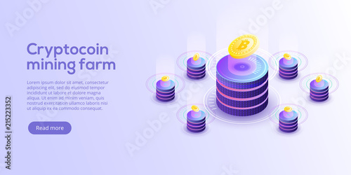 Cryptocoin mining farm layout. Cryptocurrency and blockchain network business isometric vector illustration. Crypto currency exchange or transaction process background.