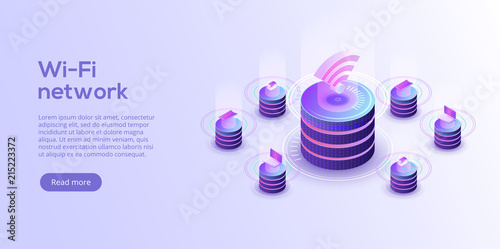 Internet of things layout. IOT online synchronization and connection via smartphone wireless technology. Smart home concept with isometric icons and symbols. Vector illustration.