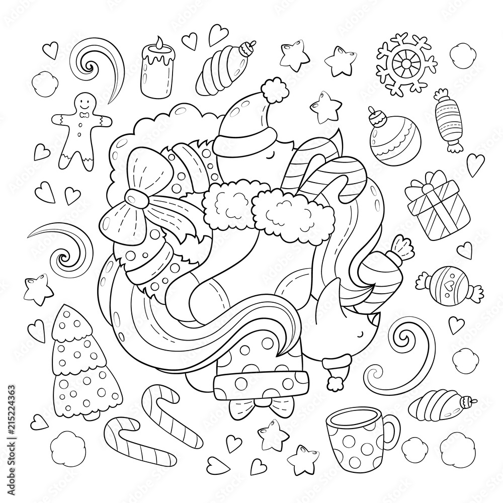 Doodle vector illustration, abstract background, texture, pattern, wallpaper, Collection of New Year Christmas elements and objects set. Freehand sketch for adult anti stress coloring book.