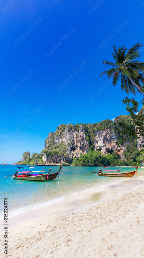 Amzing landscape with traditional longtail boats, rocks, cliffs, beautiful sea tropical and white Tonsai beach. Popular famous travel vacation destination Krabi Province, Thailand.