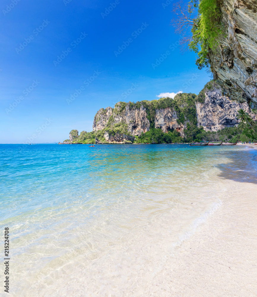 Fototapeta premium Popular travel tropical karst rocks perfect for climbing Tonsai Beach, Krabi province, Thailand