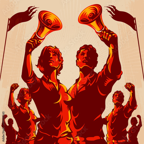 Crowd protest fist revolution poster design. Man and Women leader in front of a crowd holding megaphone. Propaganda Background Style.