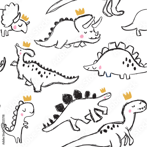Cute dinosaur and doodles seamless pattern