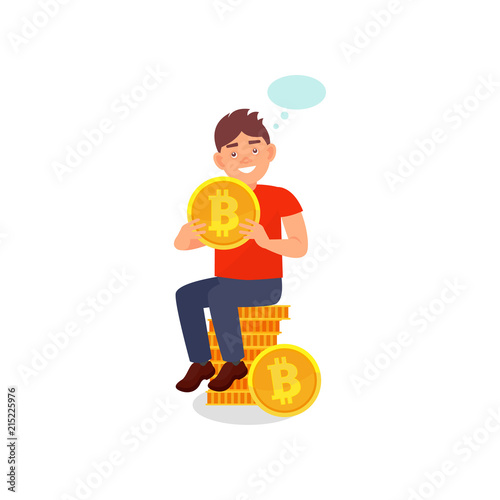 Young smiling man sitting on a stack of bitcoins, cryptocurrency mining technology vector Illustration on a white background