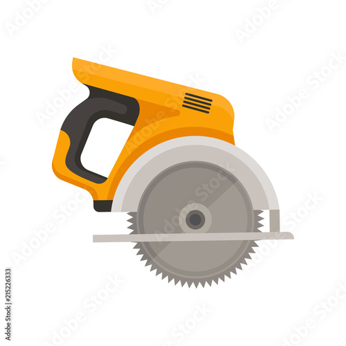 Flat vector icon of circular saw with steel toothed disc. Electric hand tool for cutting wood or metal. Building equipment