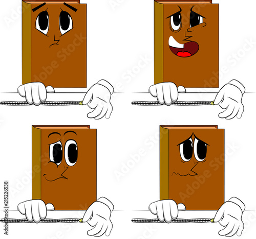 Books zipping a banner. Cartoon book collection with sad faces. Expressions vector set.