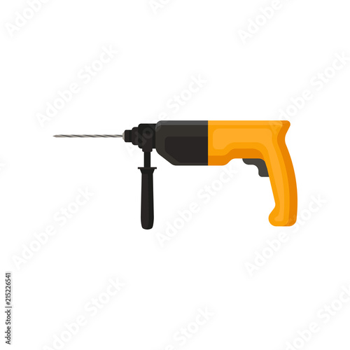 Electric hammer drill with orange handle. Power tool for construction and repair. Flat vector for advertising poster of hardware store