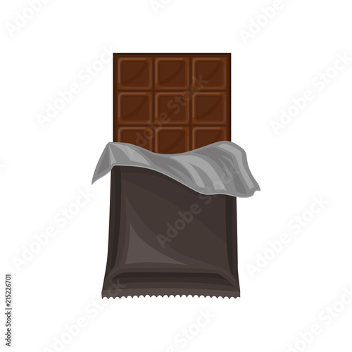 Chocolate bar in grey polyethylene wrap, delicious dessert vector Illustration on a white background