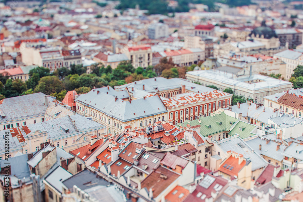 view on Market square from Lviv City hall. Tilt-shift lens.