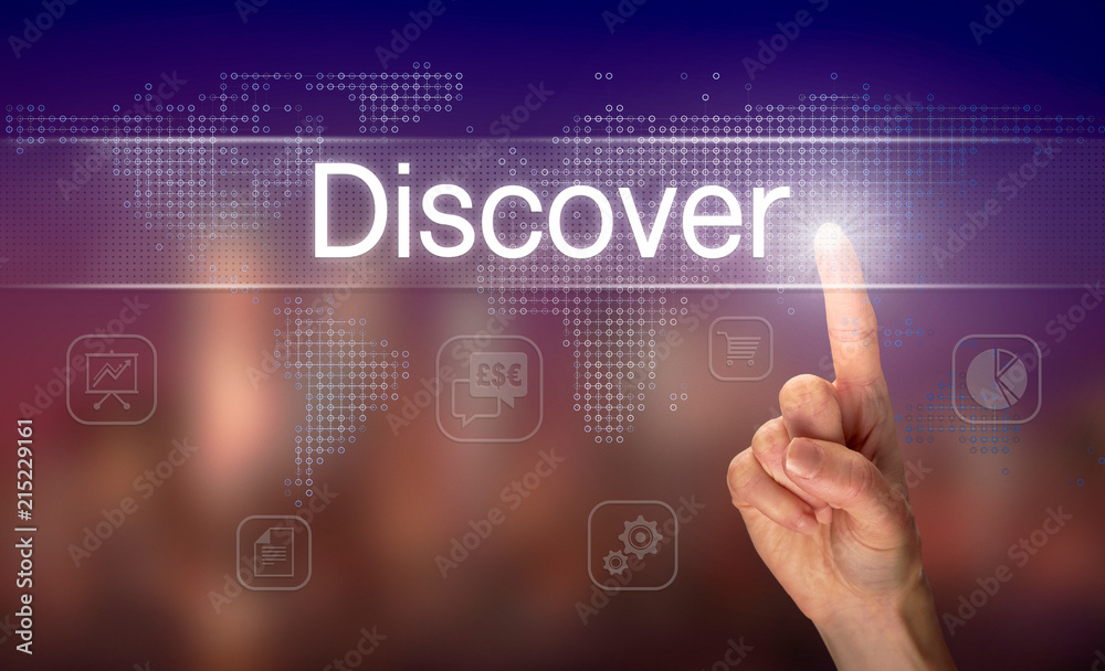 A hand selecting a Discover business concept on a clear screen with a colorful blurred background.