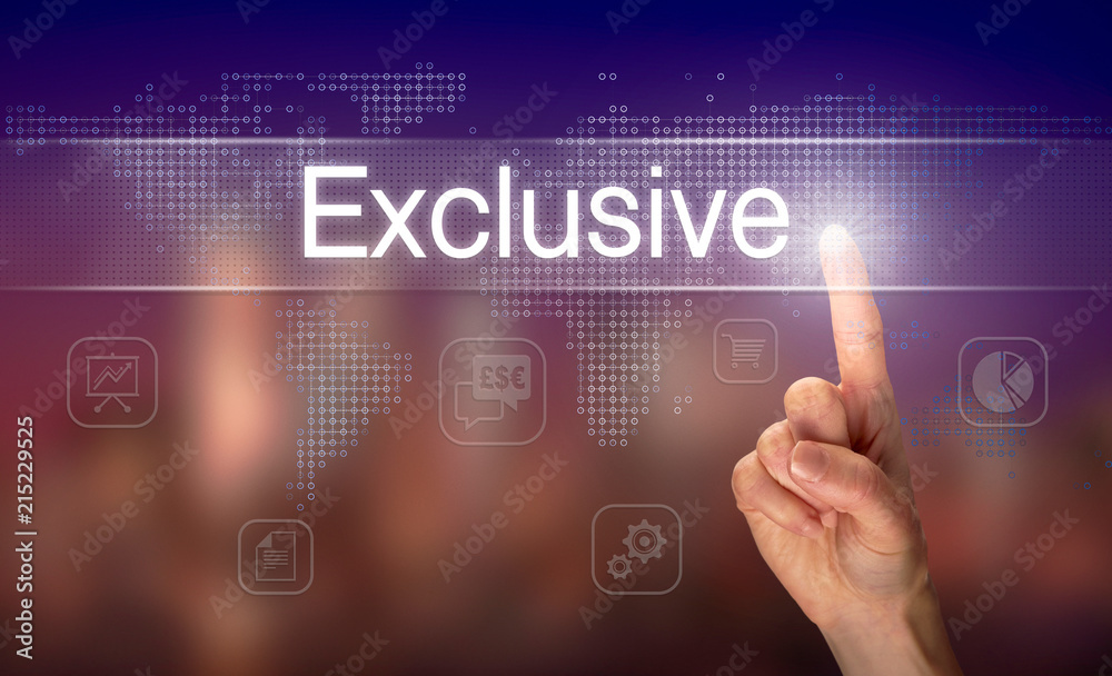 A hand selecting a Exclusive business concept on a clear screen with a colorful blurred background. A hand selecting a Exclusive business concept on a clear screen with a colorful blurred background.